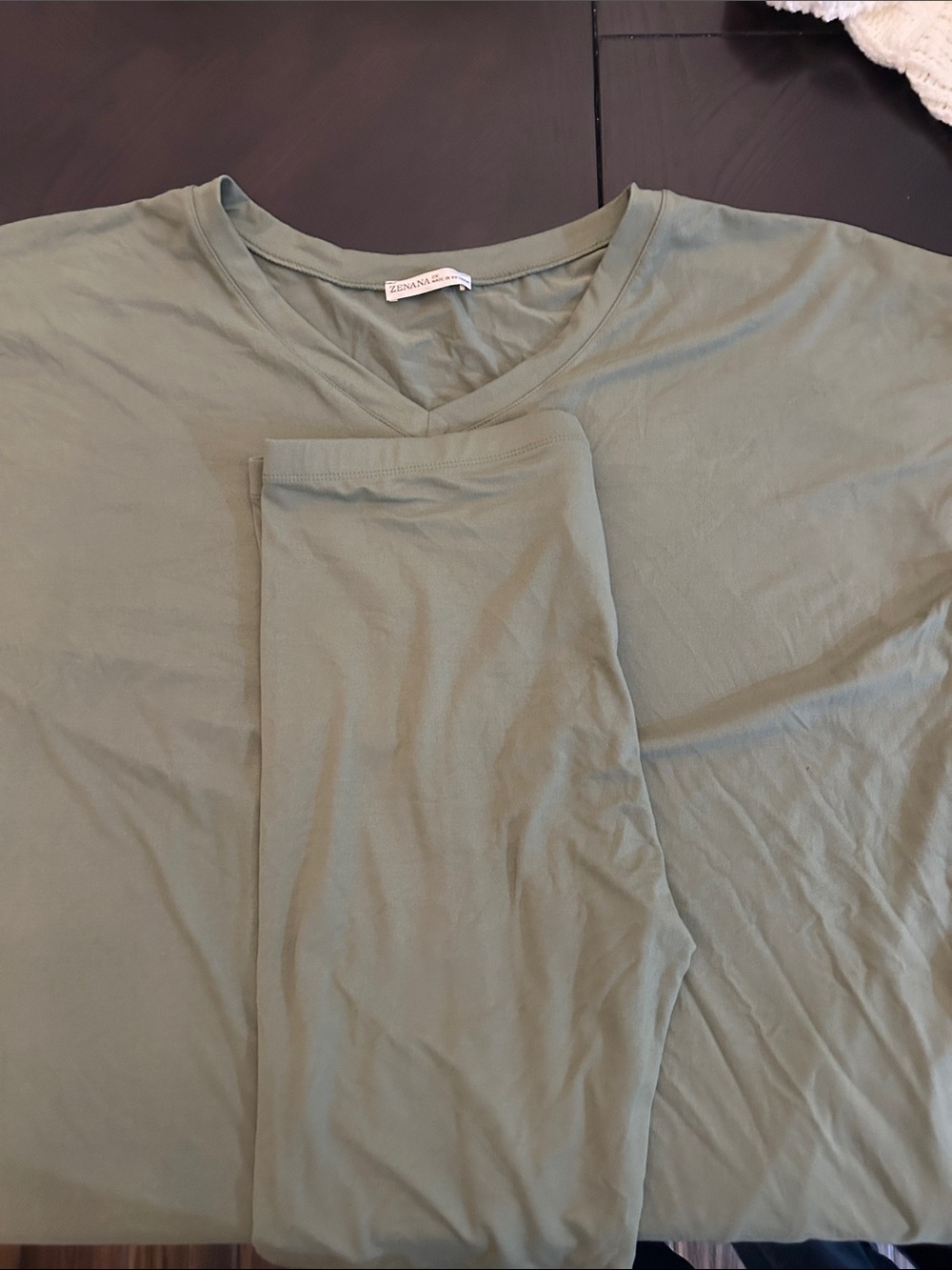 Zenana Outfitters Olive V-Neck Short Sleeve Pajama Top with bottoms